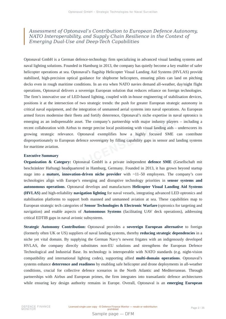 Sample page from “Optonaval GmbH – Strategic Technologies for Naval Surveillance and Optronic Systems” — 36-page report