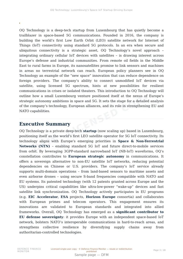 Sample page from “OQ Technology: Luxembourg’s Space IoT Startup Driving European 5G Connectivity” — 29-page report