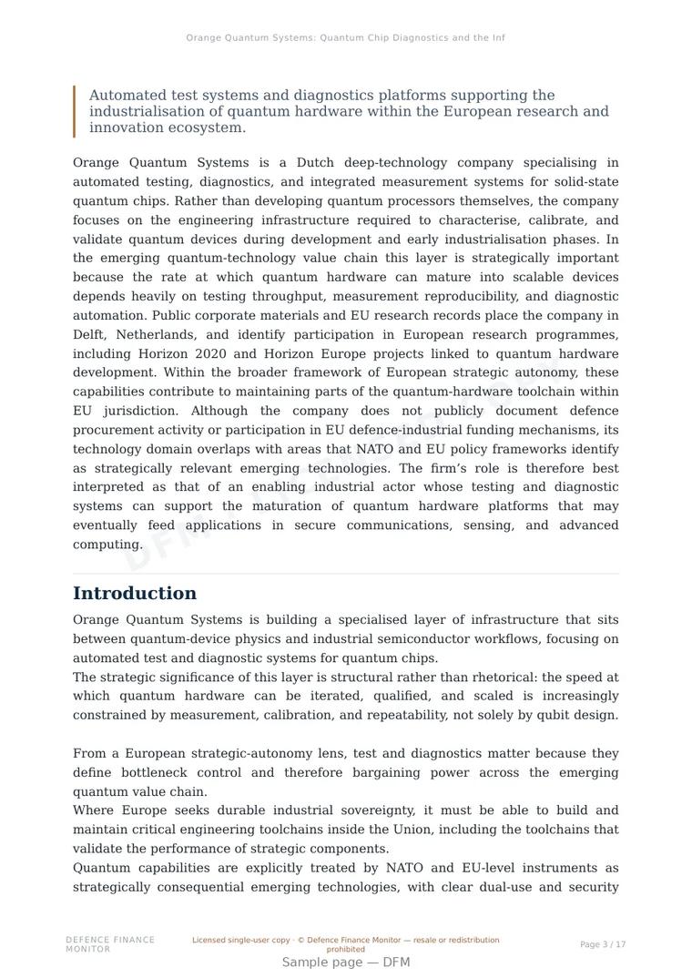 Sample page from “Orange Quantum Systems: Quantum Chip Diagnostics and the Infrastructure Layer of European Quantum Sovereignty” — 18-page report