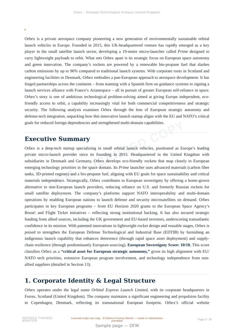 Sample page from “Orbex — United Kingdom launch systems company” — 40-page report