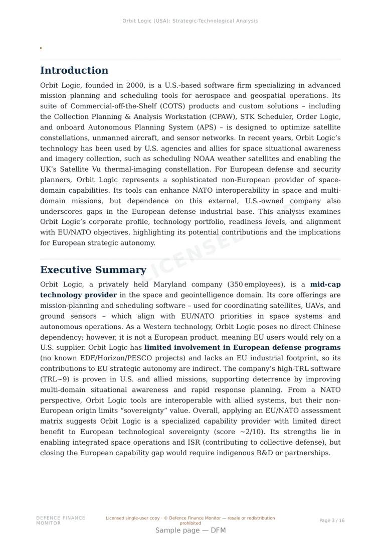 Sample page from “Orbit Logic — United States space company” — 17-page report