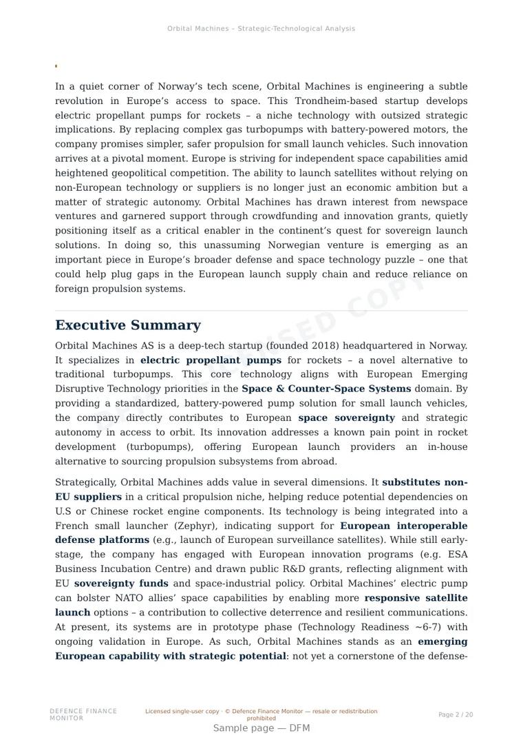 Sample page from “Orbital Machines — Norway advanced propulsion company” — 21-page report
