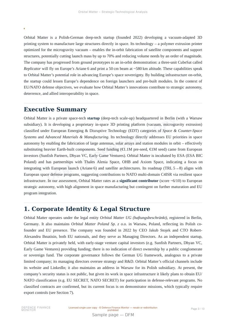 Sample page from “Orbital Matter — Poland space company” — 14-page report