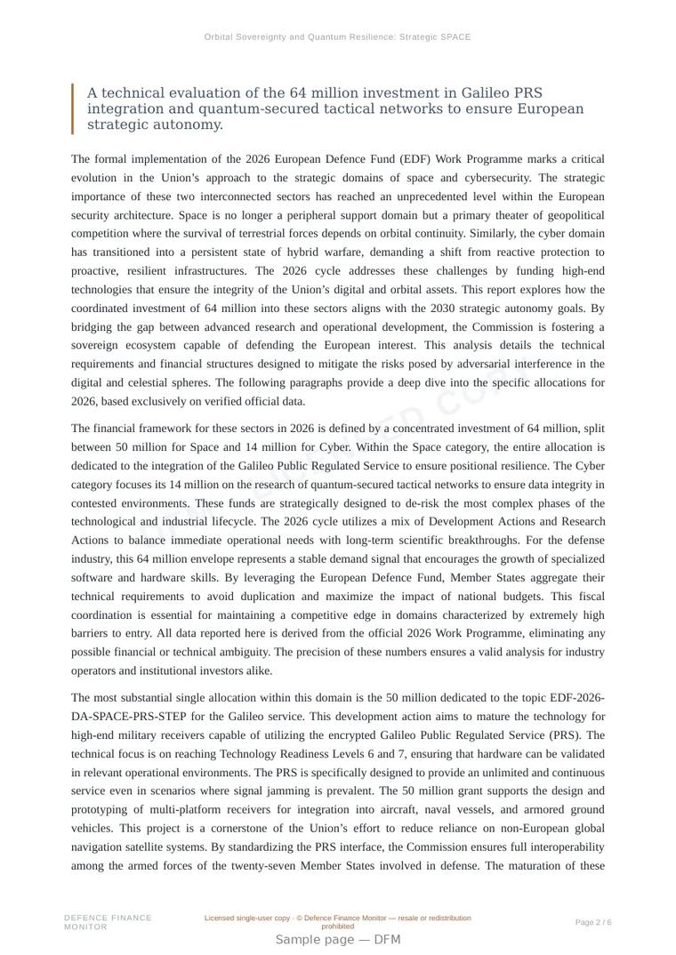 Sample page from “Orbital Sovereignty and Quantum Resilience: Strategic SPACE and CYBER Allocations in the 2026 EDF” — 7-page report