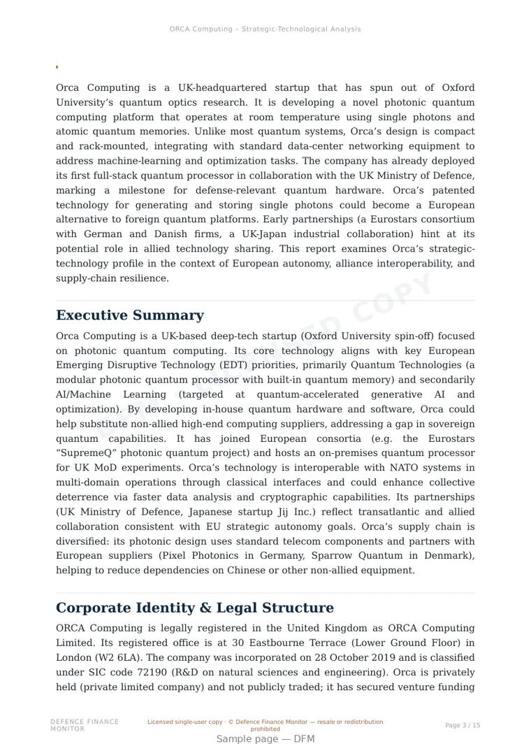 Sample page from “Orca Computing — United Kingdom quantum company” — 16-page report