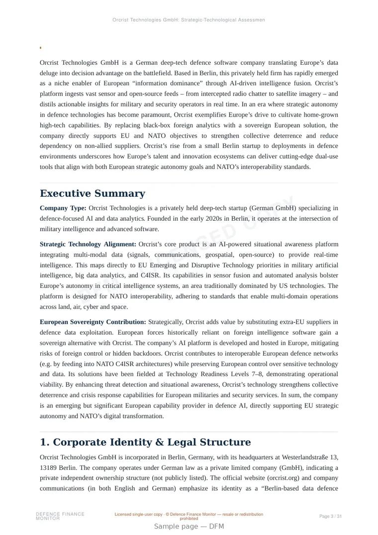 Sample page from “Orcrist Technologies GmbH: Strategic-Technological Assessment for European Defence Autonomy” — 32-page report