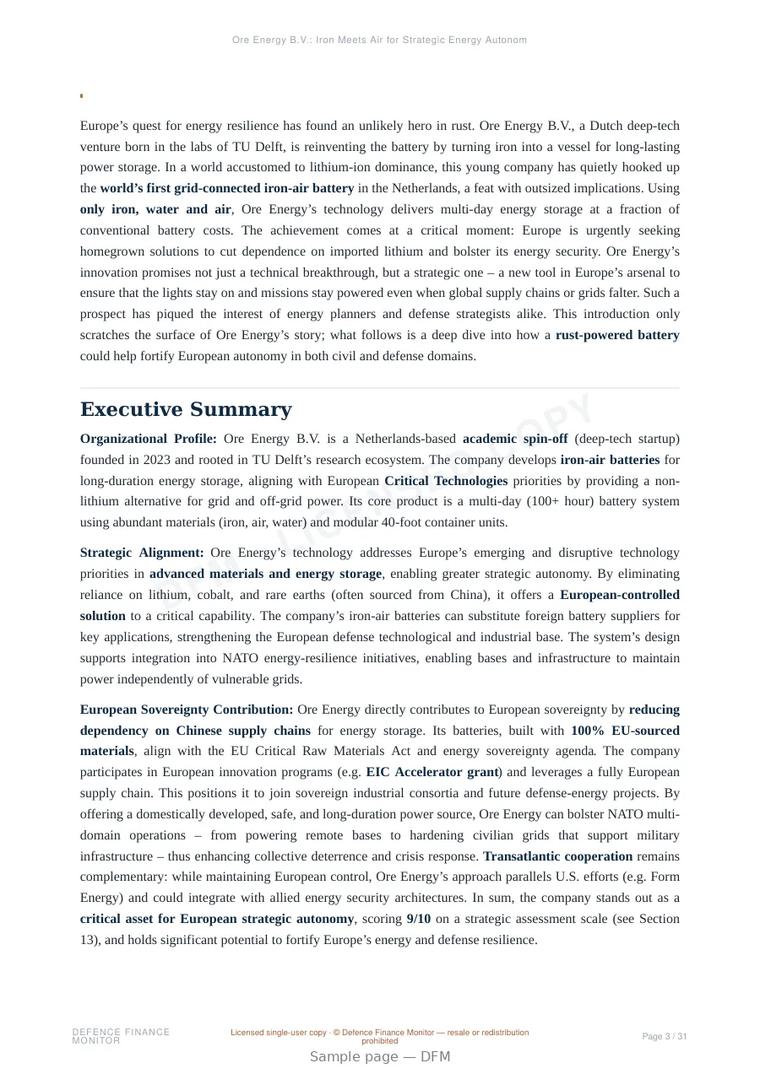 Sample page from “Ore Energy B.V.: Iron Meets Air for Strategic Energy Autonomy” — 32-page report