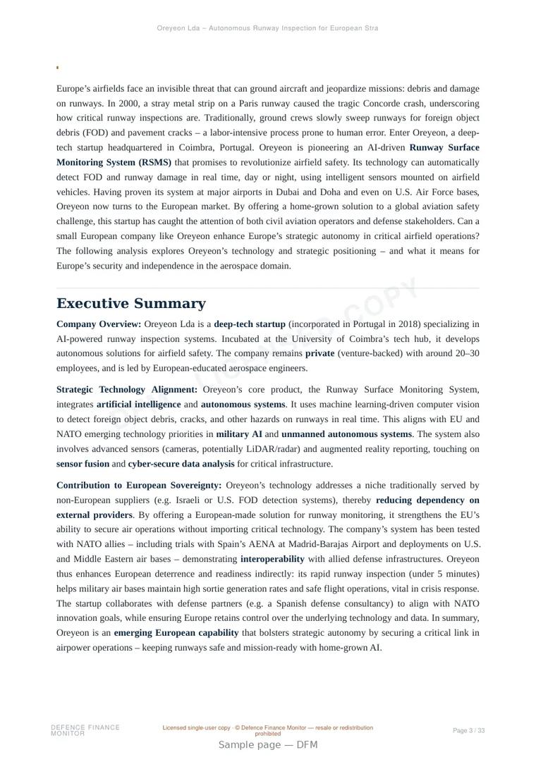 Sample page from “Oreyeon Lda – Autonomous Runway Inspection for European Strategic Autonomy” — 34-page report