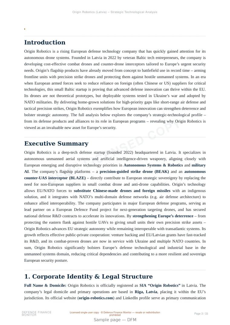 Sample page from “Origin Robotics (Latvia) – Strategic Technological Analysis” — 34-page report