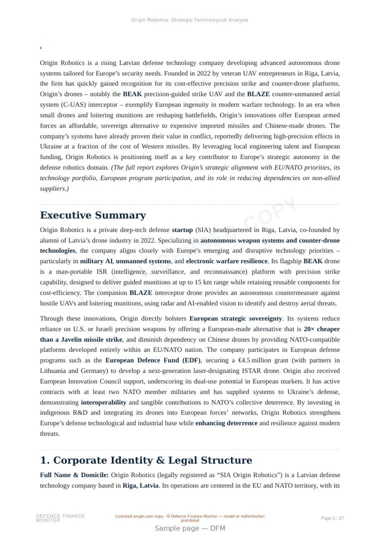 Sample page from “Origin Robotics — Latvia unmanned aerial systems company” — 28-page report