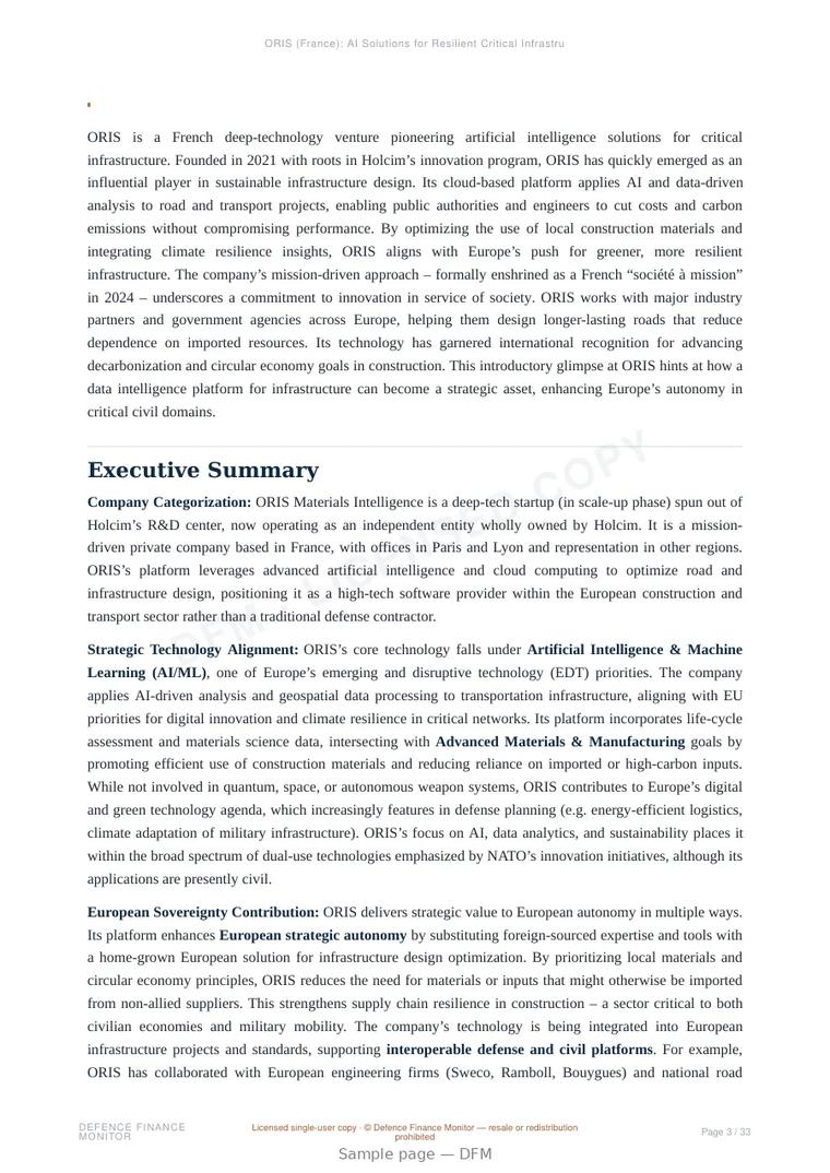 Sample page from “ORIS (France): AI Solutions for Resilient Critical Infrastructure” — 34-page report