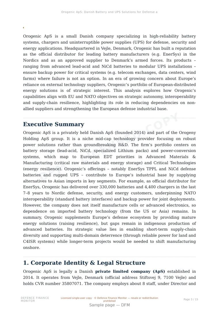 Sample page from “Orogenic ApS: Danish Battery and UPS Solutions for Defense and Critical Infrastructure” — 16-page report