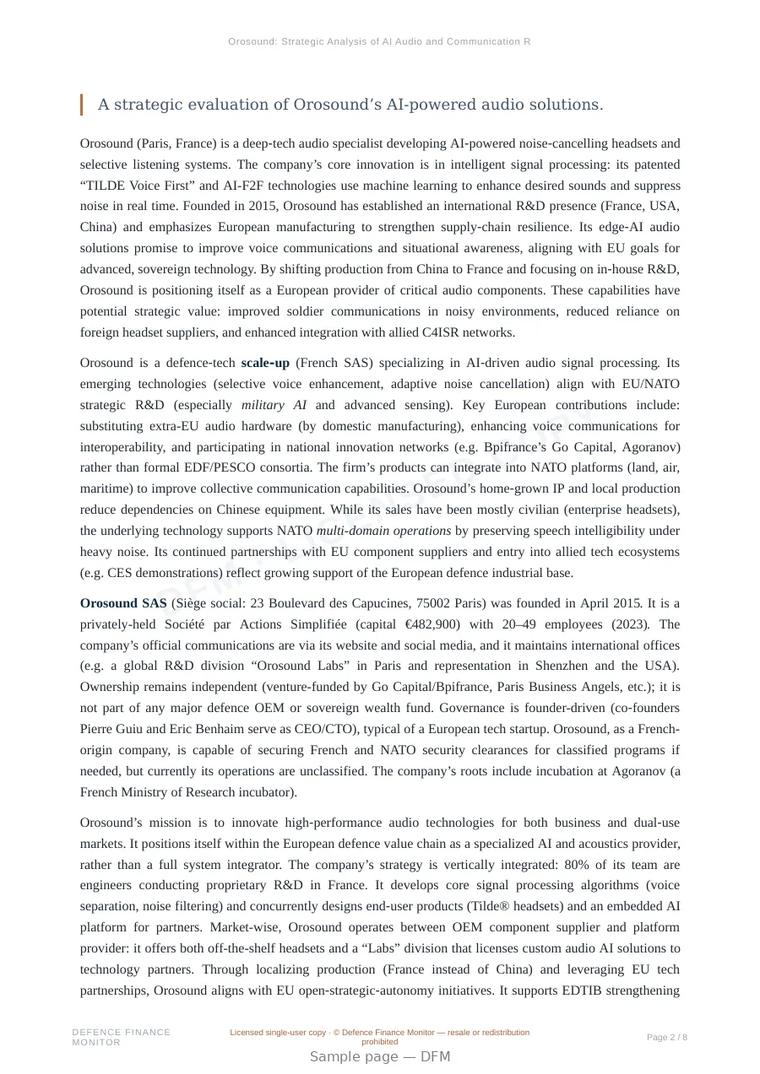 Sample page from “Orosound: Strategic Analysis of AI Audio and Communication Resilience” — 9-page report