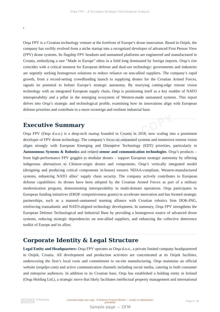 Sample page from “Orqa FPV — Croatia unmanned aerial systems company” — 24-page report