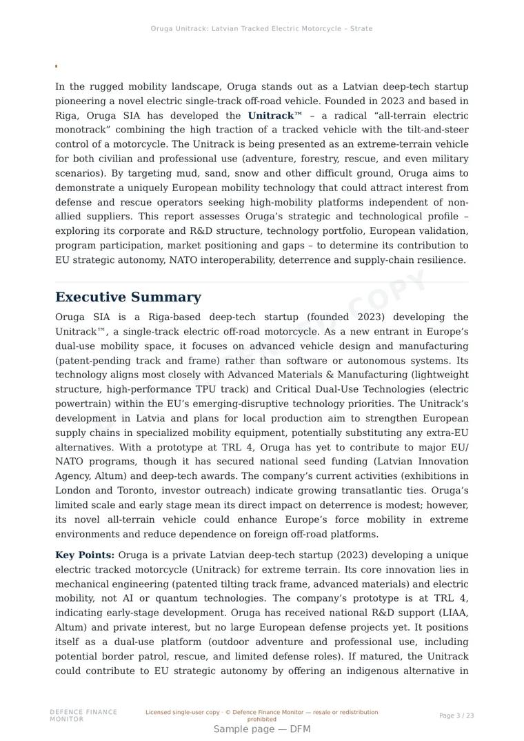 Sample page from “Oruga SIA — Latvia land platforms company” — 24-page report