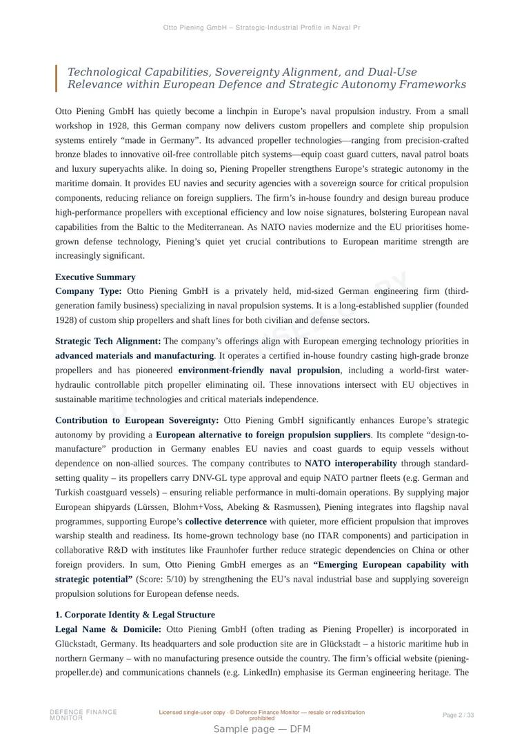 Sample page from “Otto Piening GmbH – Strategic-Industrial Profile in Naval Propulsion Technologies” — 34-page report