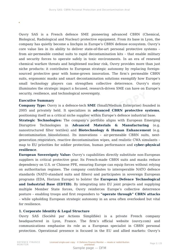 Sample page from “Ouvry SAS: CBRN Personal Protection and Decontamination Analysis” — 26-page report