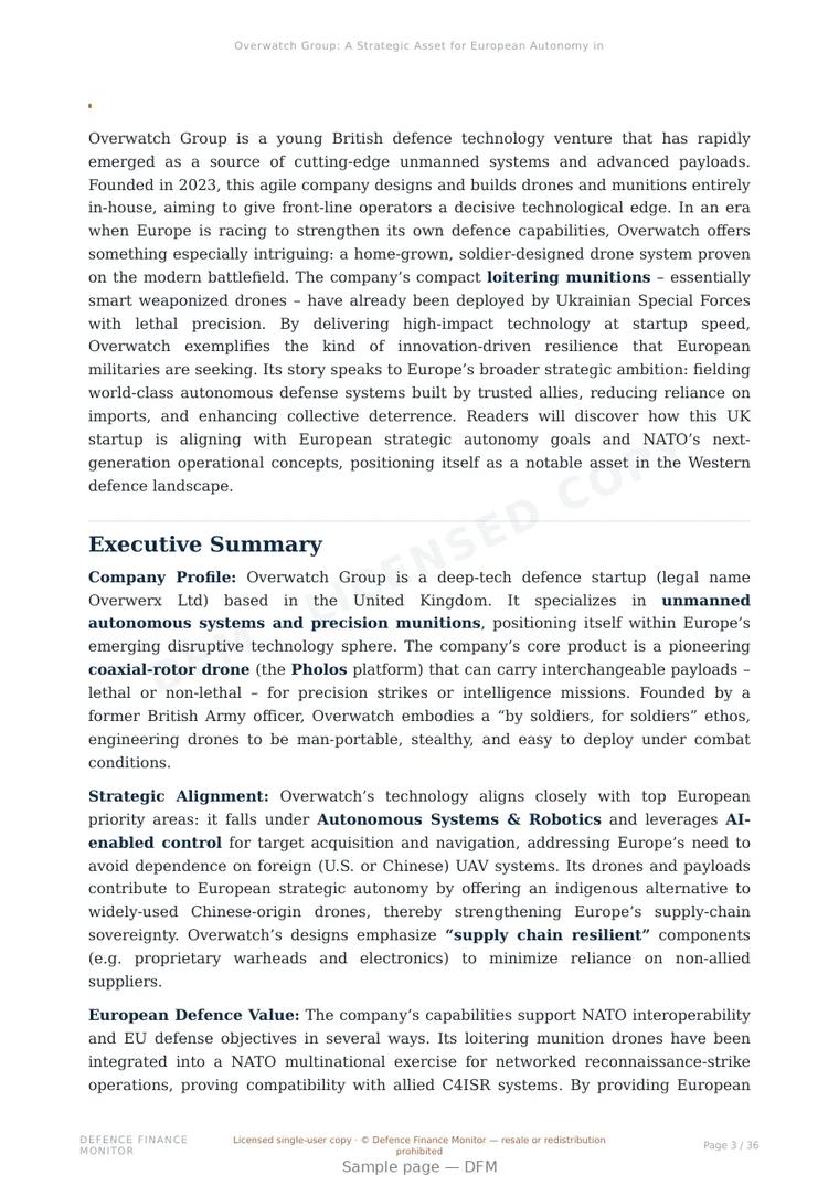 Sample page from “Overwatch Group: A Strategic Asset for European Autonomy in Unmanned Combat Systems” — 37-page report