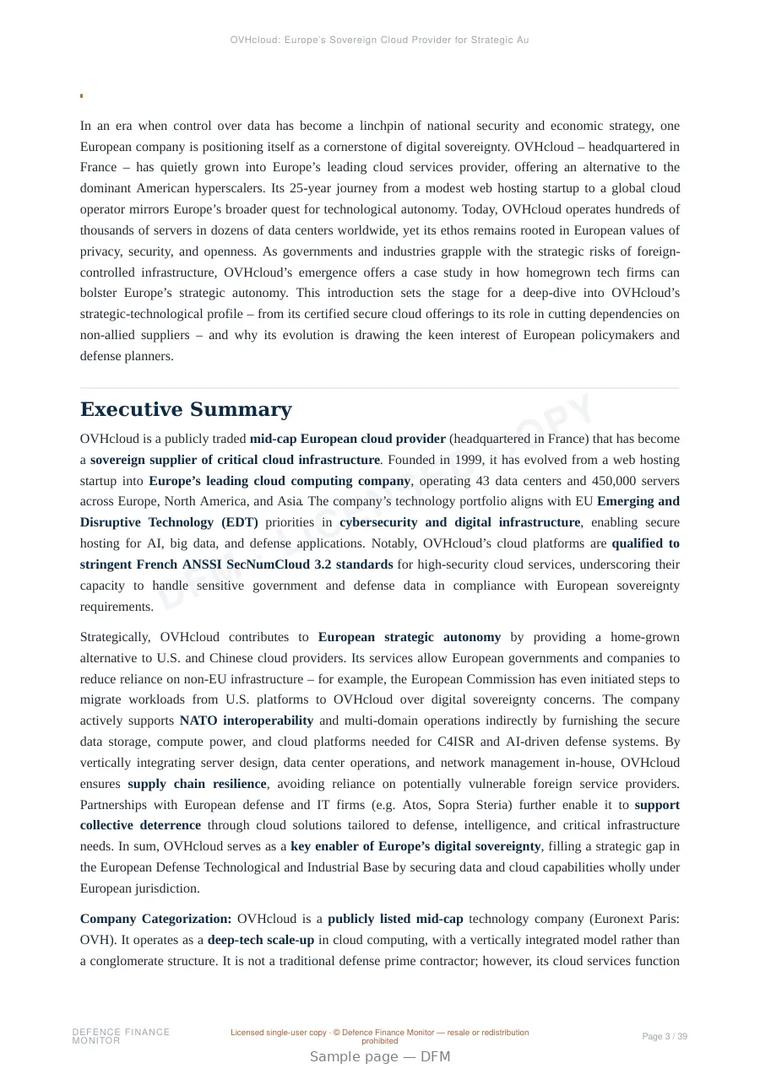 Sample page from “OVHcloud: Europe’s Sovereign Cloud Provider for Strategic Autonomy” — 40-page report