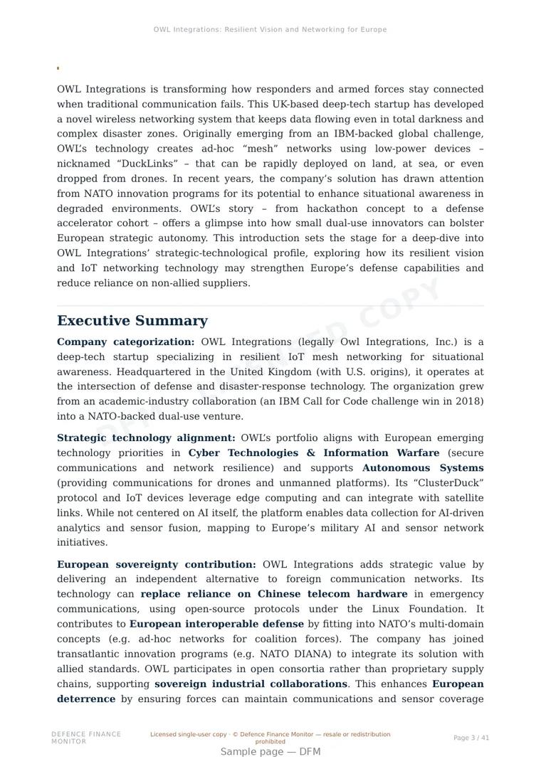 Sample page from “OWL Integrations: Resilient Vision and Networking for Europe’s Defense Autonomy” — 42-page report