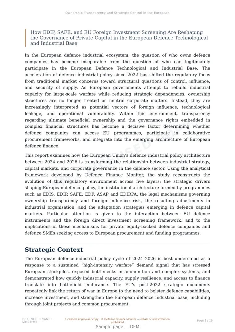 Sample page from “Ownership Transparency and Strategic Control in the European Defence Industrial Base” — 20-page report