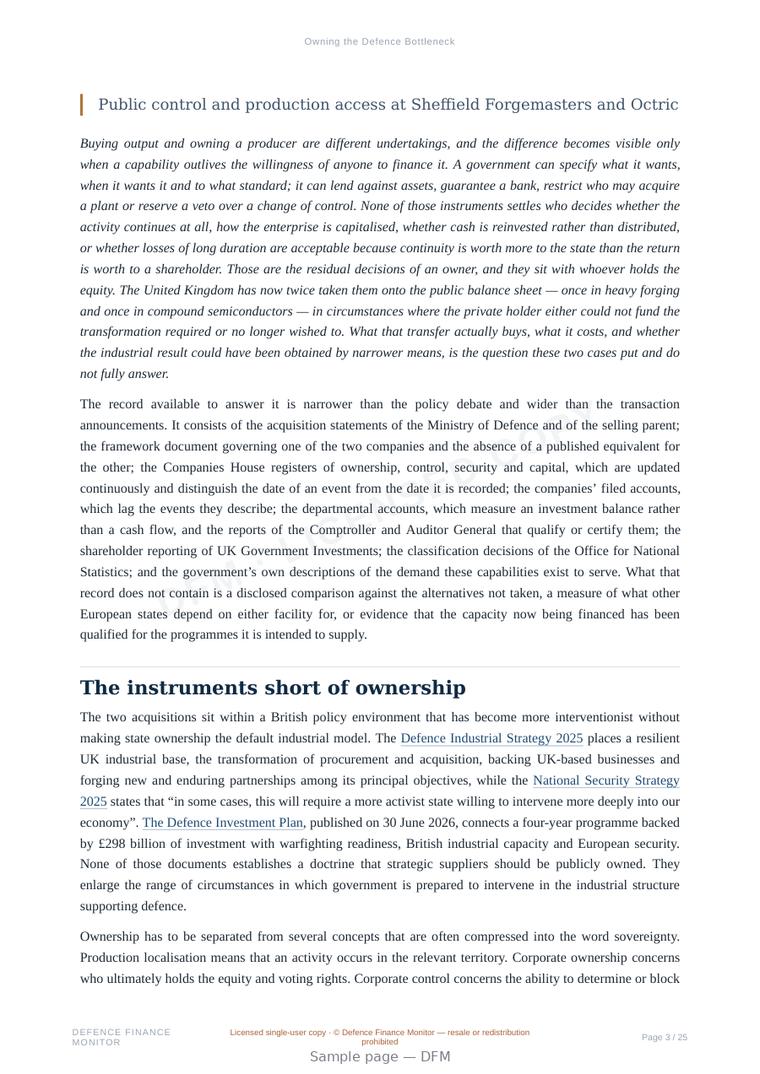 Sample page from “Owning the Defence Bottleneck” — 26-page report