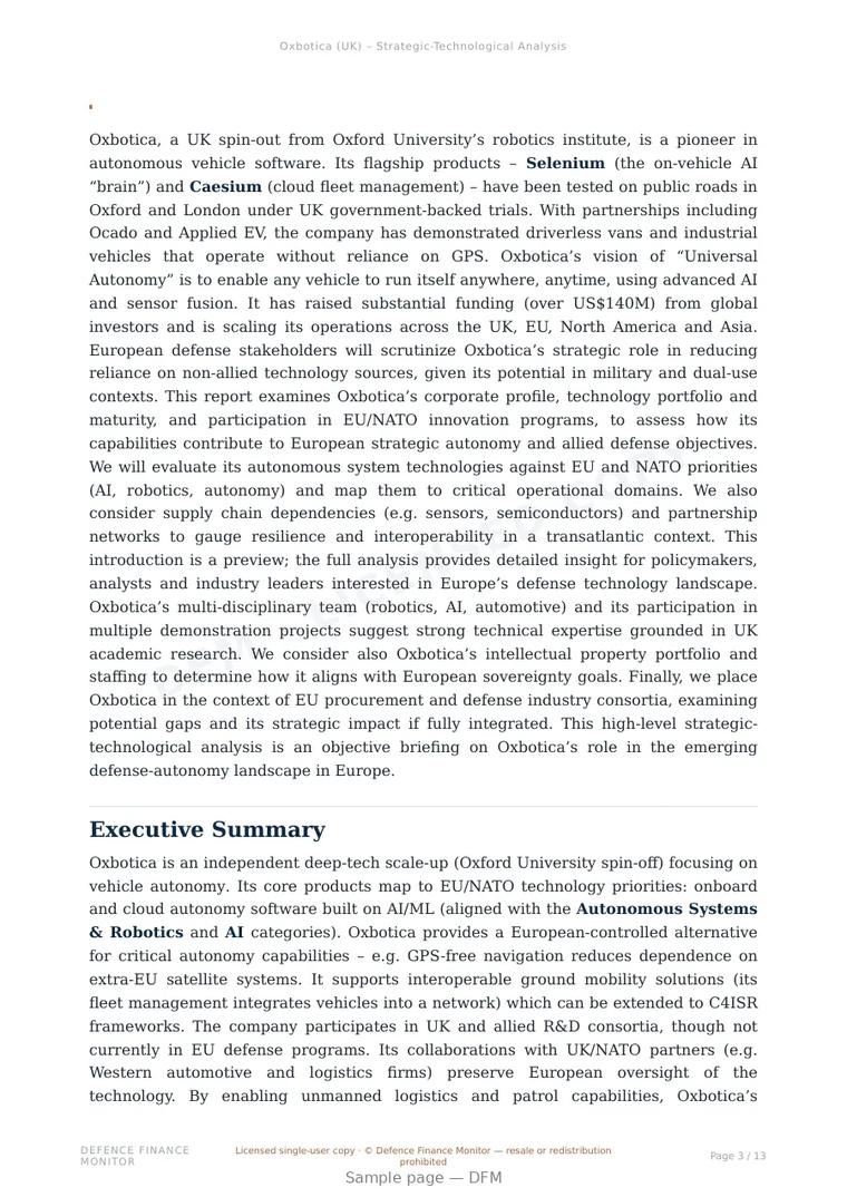 Sample page from “Oxbotica — United Kingdom autonomous systems company” — 14-page report
