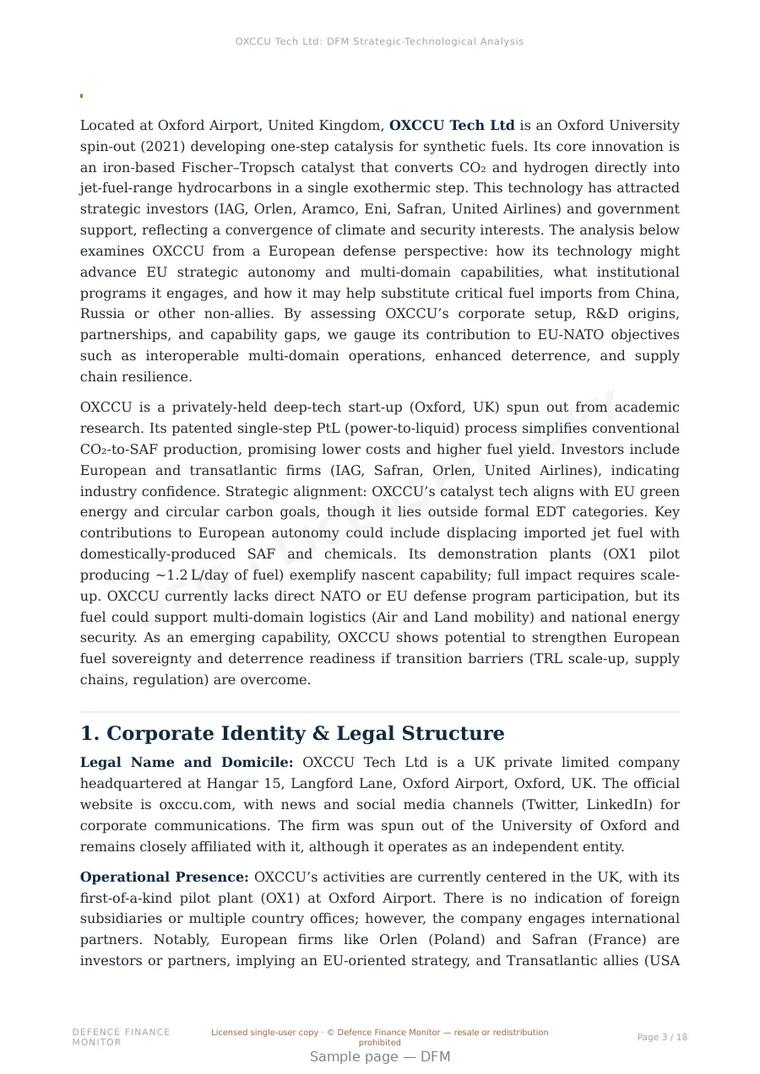 Sample page from “OXCCU Tech Ltd — United Kingdom energy storage company” — 19-page report
