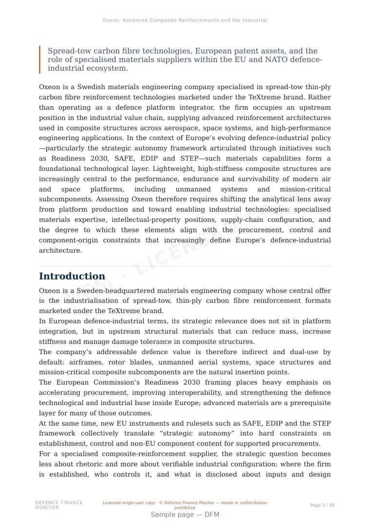 Sample page from “Oxeon: Advanced Composite Reinforcements and the Industrial Foundations of European Strategic Autonomy” — 17-page report