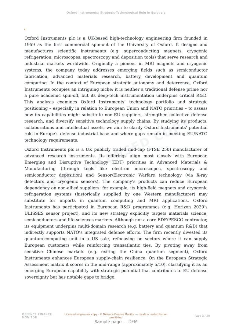 Sample page from “Oxford Instruments: Strategic-Technological Role in Europe’s Dual-Use and Defense Innovation” — 21-page report