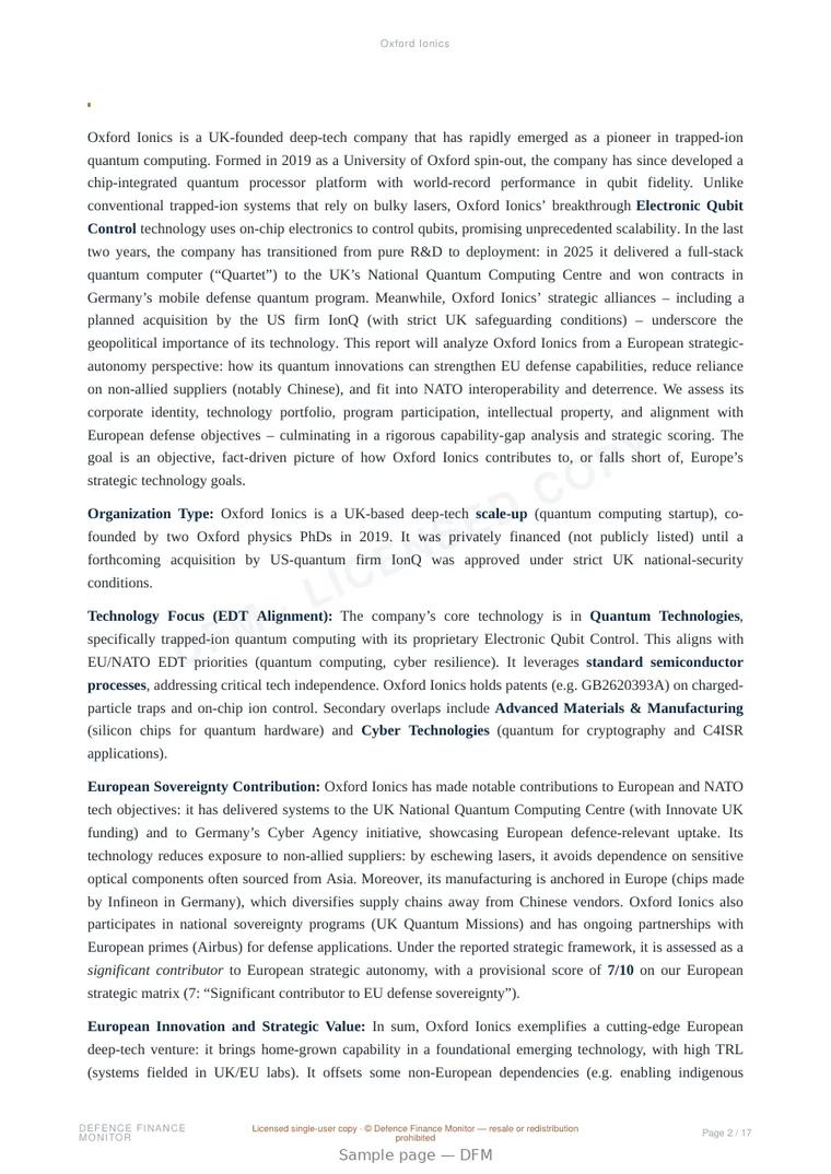 Sample page from “Oxford Ionics” — 18-page report