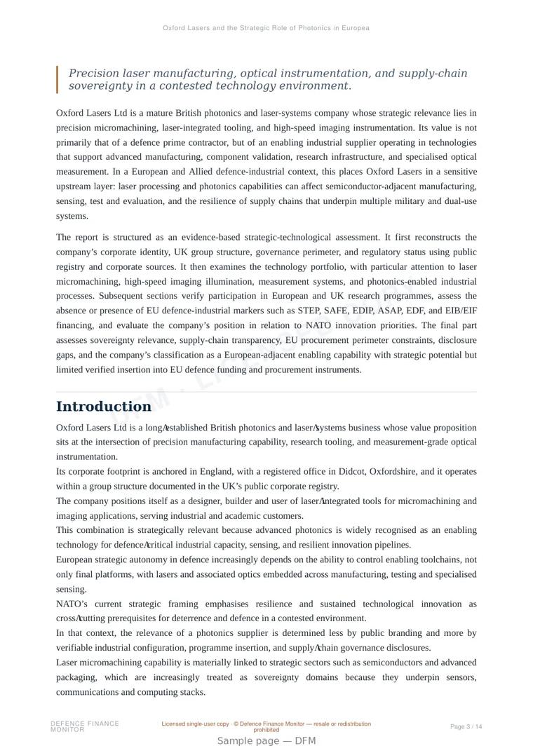 Sample page from “Oxford Lasers and the Strategic Role of Photonics in European-Adjacent Defence Industrial Resilience” — 15-page report