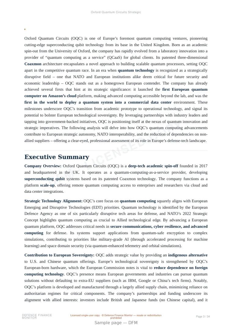 Sample page from “Oxford Quantum Circuits (OQC) — United Kingdom quantum company” — 35-page report