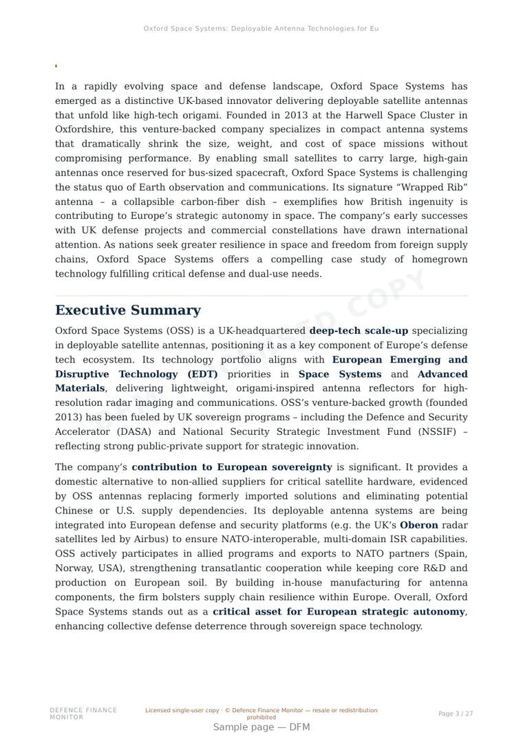 Sample page from “Oxford Space Systems: Deployable Antenna Technologies for European Space and Defense Autonomy” — 28-page report