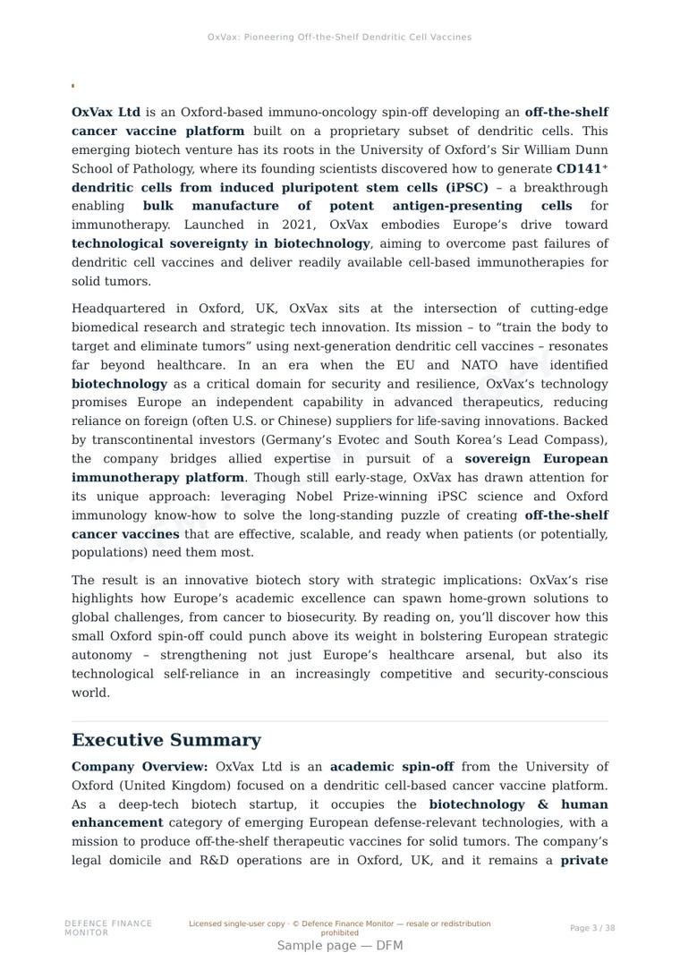 Sample page from “OxVax: Pioneering Off‑the‑Shelf Dendritic Cell Vaccines” — 39-page report