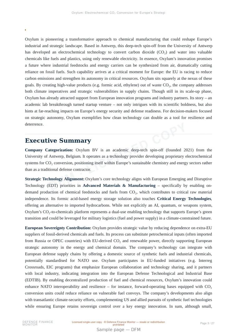 Sample page from “Oxylum: Electrochemical CO₂ Conversion for Europe’s Strategic Autonomy” — 28-page report