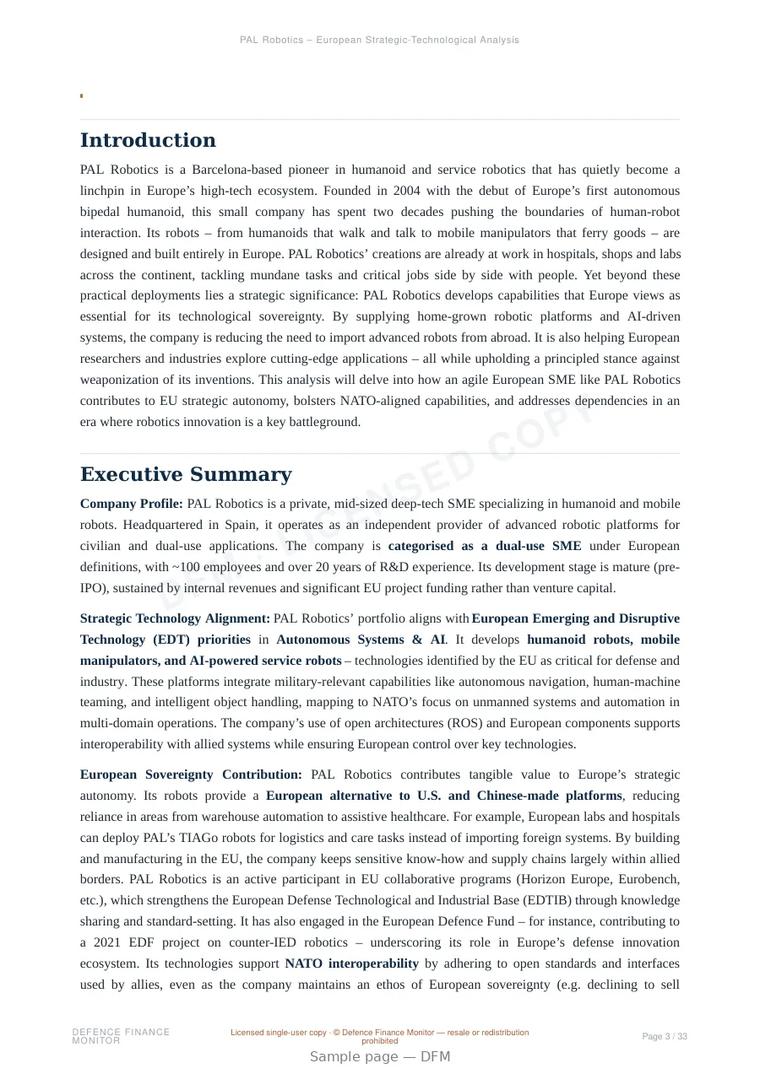 Sample page from “PAL Robotics — Spain autonomous systems company” — 34-page report