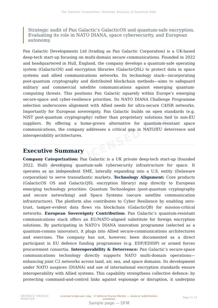 Sample page from “Pan Galactic Corporation: Strategic Analysis of Quantum-Safe Space Tech” — 18-page report