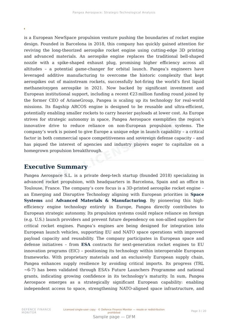 Sample page from “Pangea Aerospace — Spain launch systems company” — 21-page report