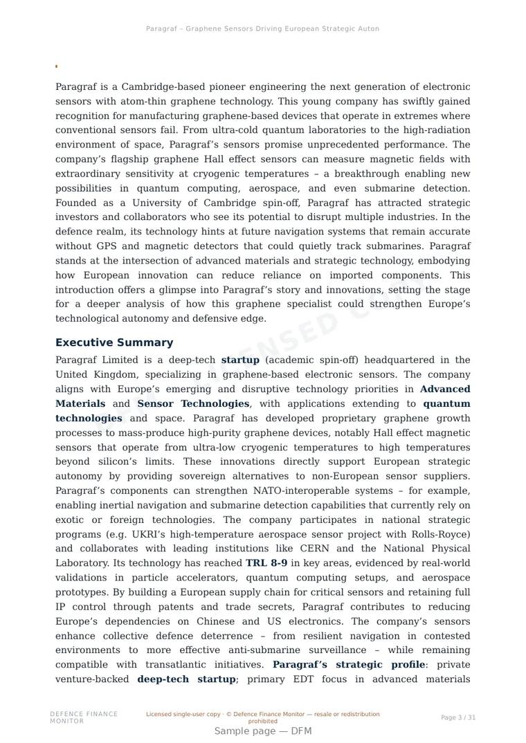 Sample page from “Paragraf – Graphene Sensors Driving European Strategic Autonomy” — 32-page report