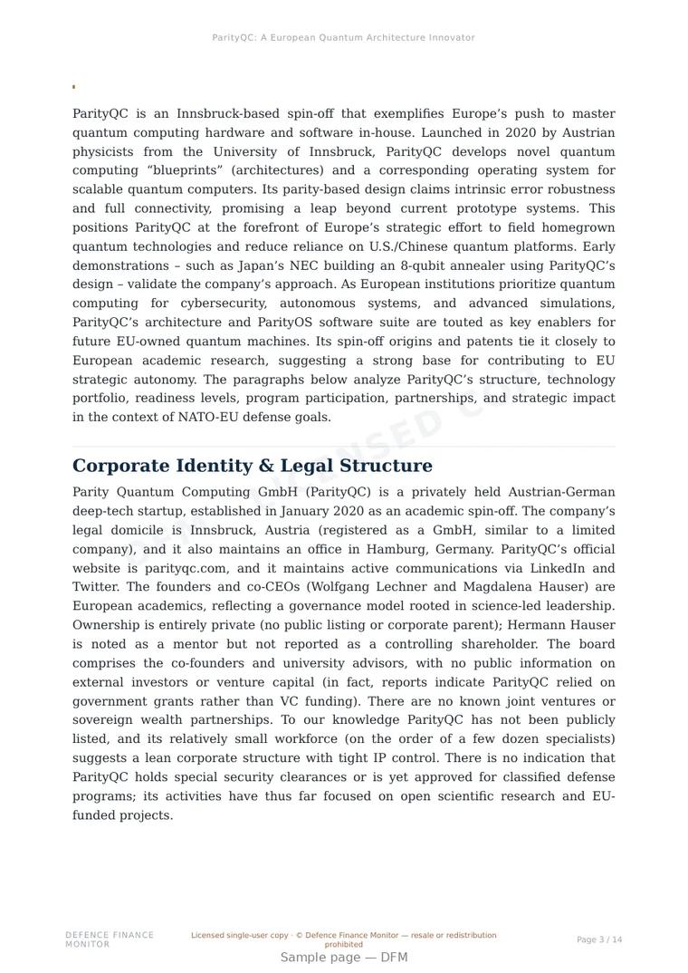 Sample page from “ParityQC: A European Quantum Architecture Innovator” — 15-page report