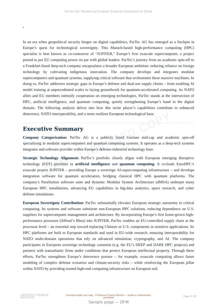 Sample page from “ParTec AG: Pioneering European Exascale Computing for Strategic Autonomy” — 33-page report