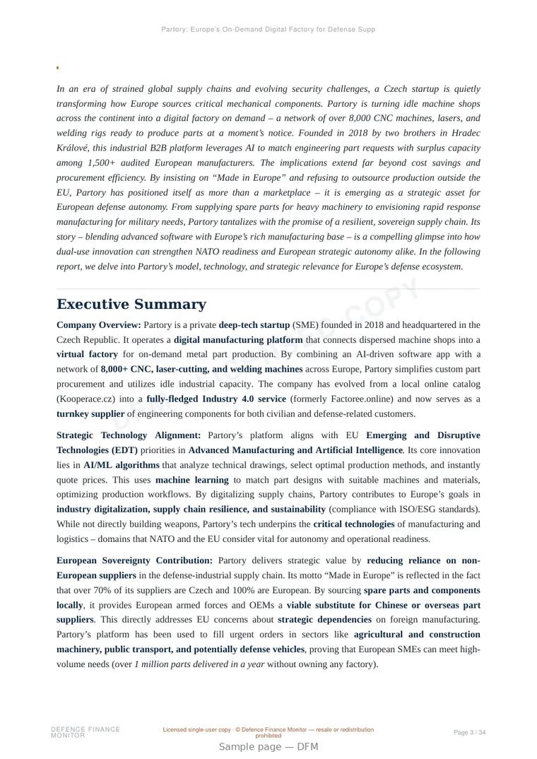 Sample page from “Partory: Europe’s On‑Demand Digital Factory for Defense Supply Resilience” — 35-page report