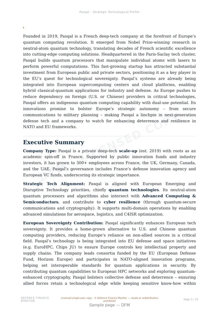 Sample page from “Pasqal – Strategic Technological Profile” — 33-page report