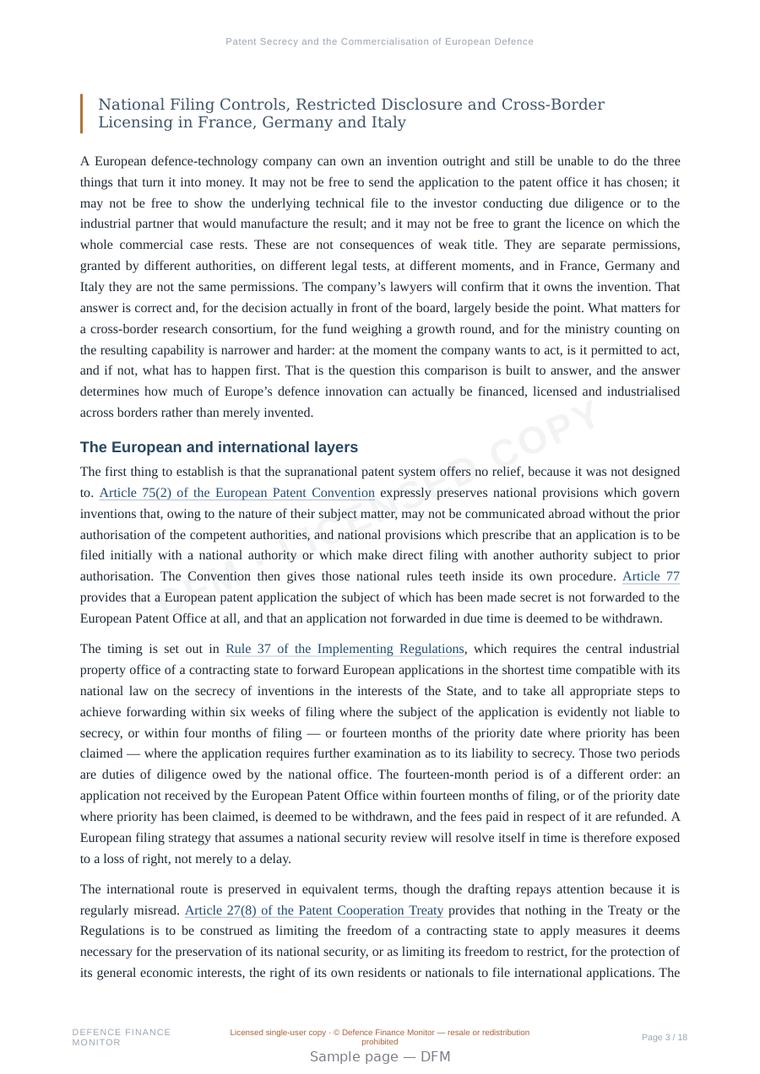 Sample page from “Patent Secrecy and the Commercialisation of European Defence Technology” — 19-page report