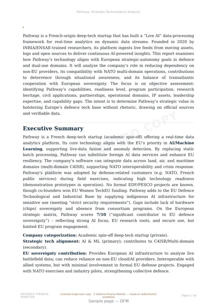 Sample page from “Pathway — France artificial intelligence company” — 17-page report