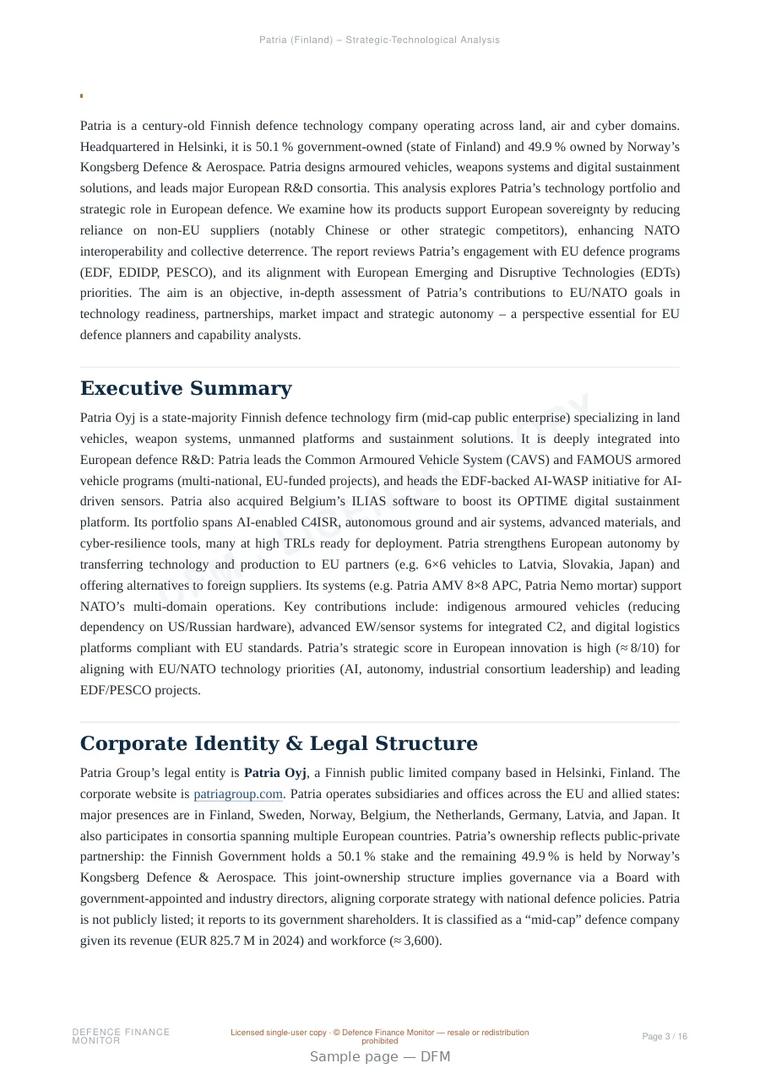 Sample page from “Patria — Finland defence company” — 17-page report