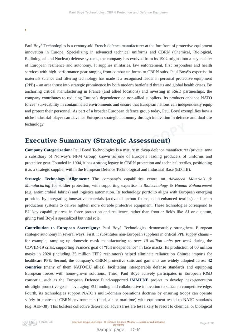 Sample page from “Paul Boyé Technologies: CBRN Protection and Defense Equipment Analysis” — 39-page report