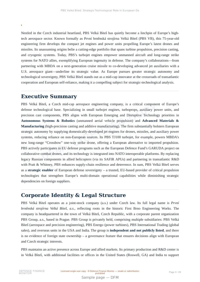 Sample page from “PBS Velká Bíteš: Strategic-Technological Role in European Defense Autonomy and UAV Propulsion” — 30-page report