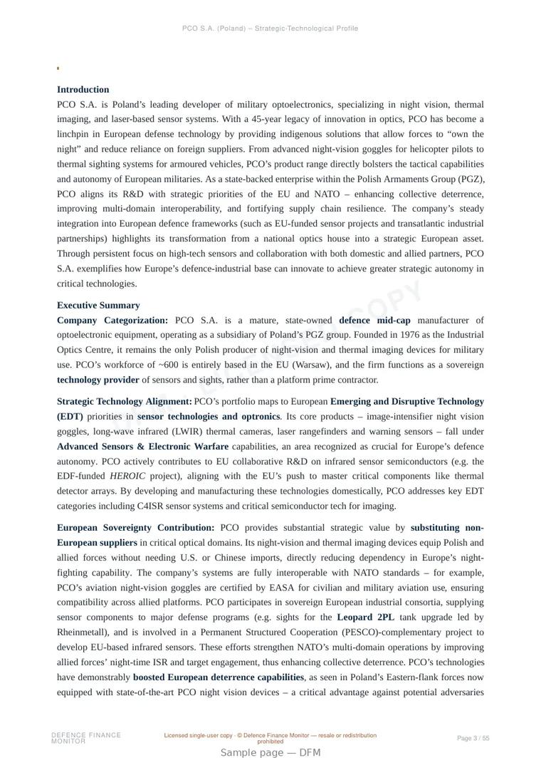 Sample page from “PCO S.A. (Poland) – Strategic-Technological Profile” — 56-page report